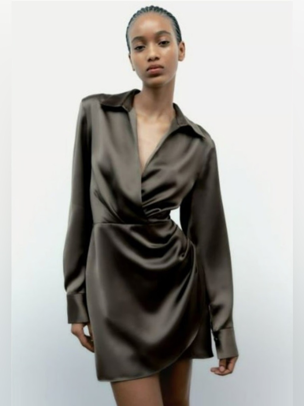 Zara Woman Dark Khaki Short Satin Effect Mini Dress